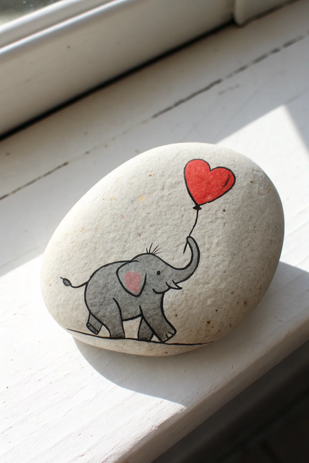Minimalist elephant rock painting with a bold heart balloon, sweet, simple, and easy to recreate