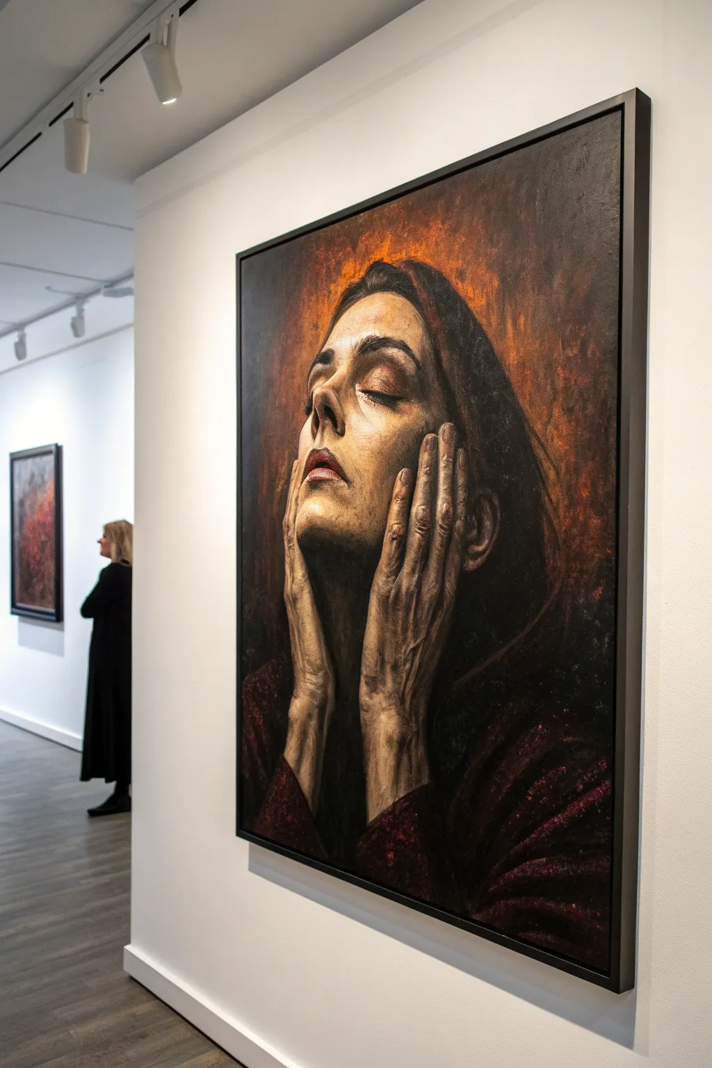 Push emotion with cinematic light and shadow: a face and hands emerging from darkness