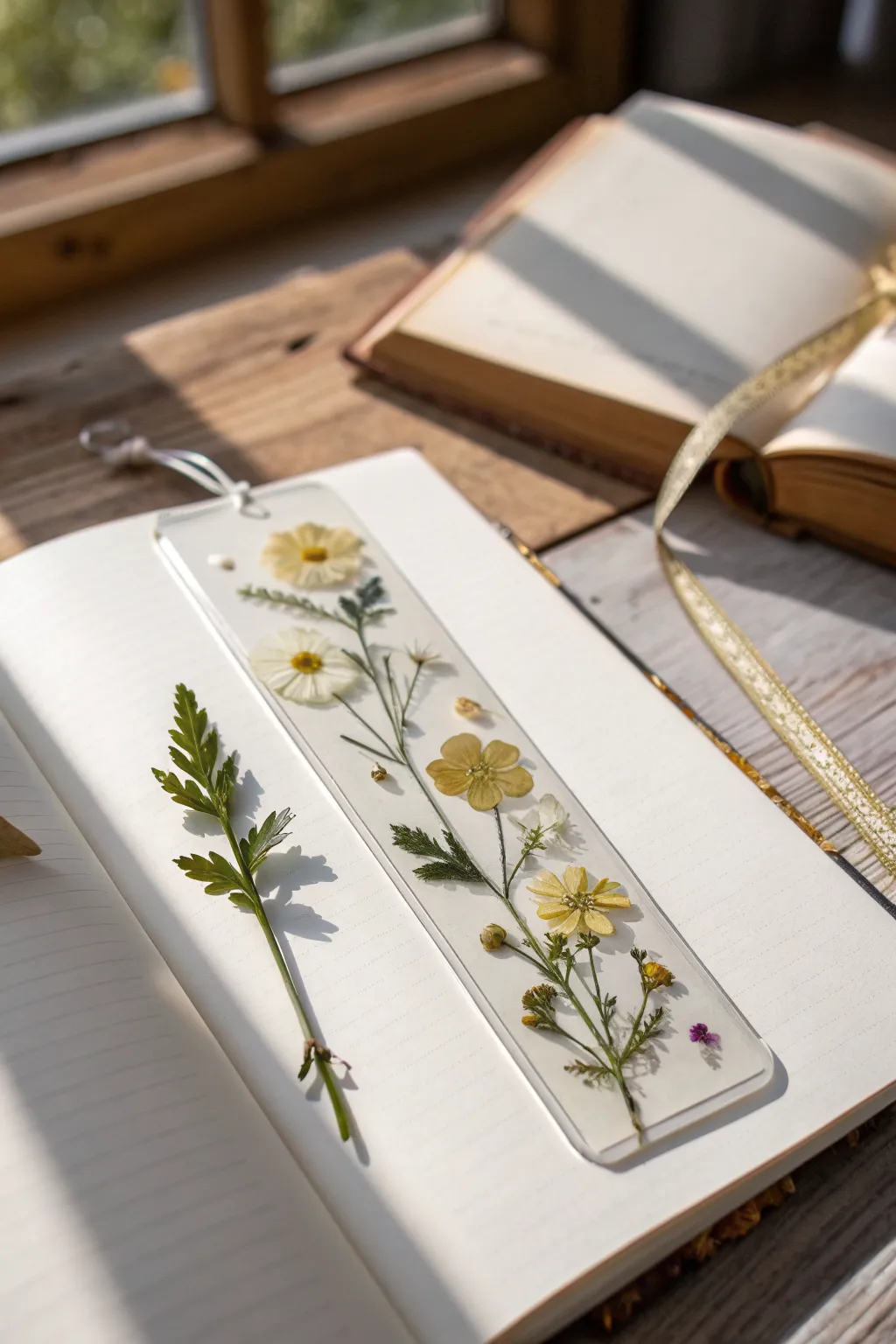 Pressed flowers and gold flecks sealed in a sleek resin bookmark for a cozy botanical DIY