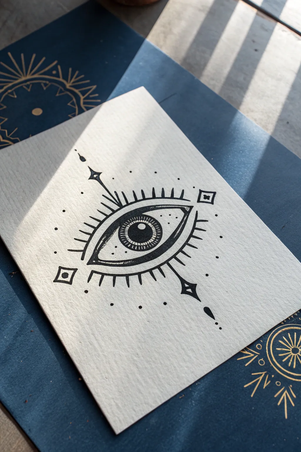 Bold blackline evil eye tattoo-style sketch with dotwork accents for minimalist drawing inspiration