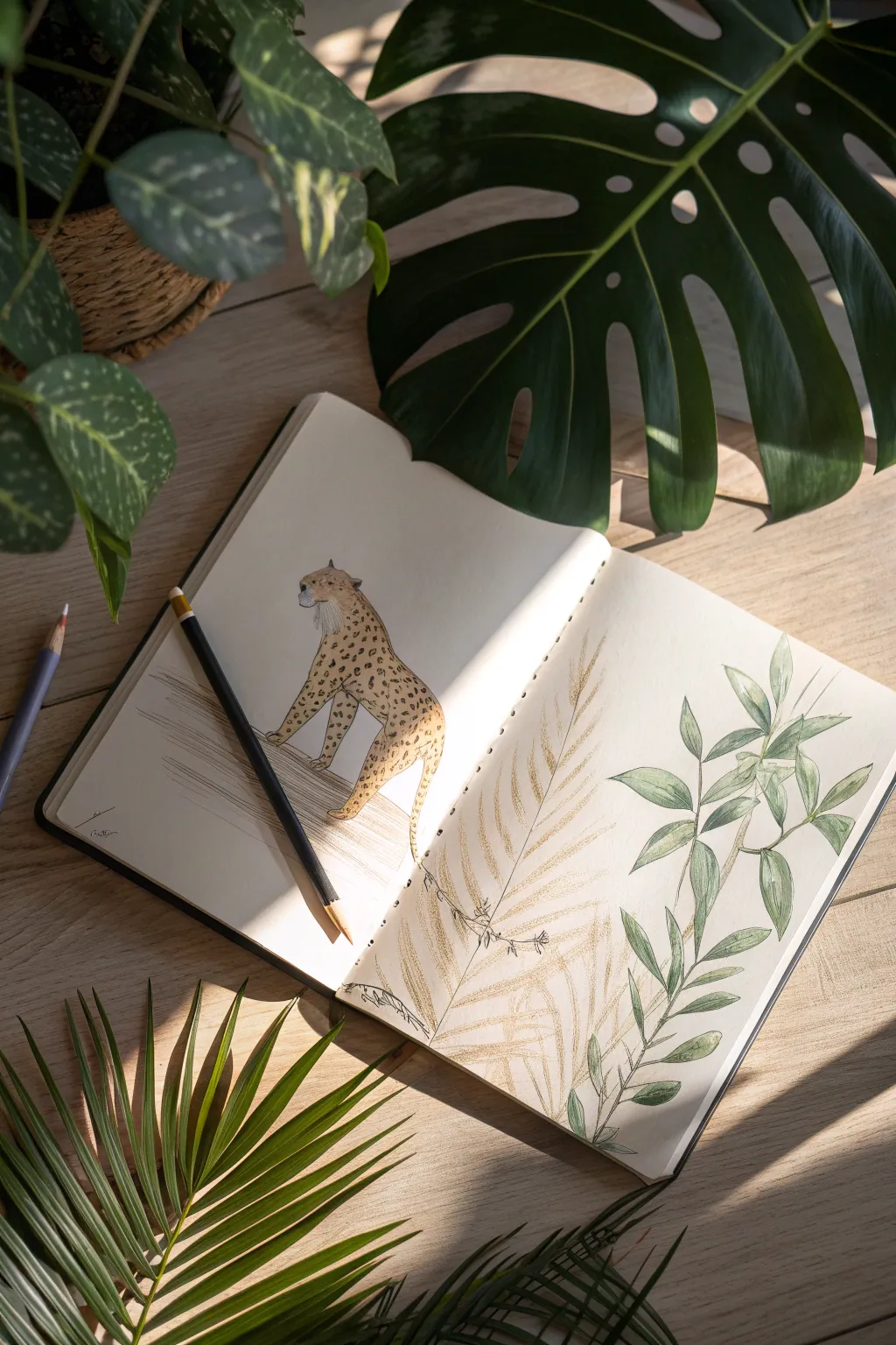 Practice dappled light with a jungle big cat sketch in bold, minimal Scandinavian tones.
