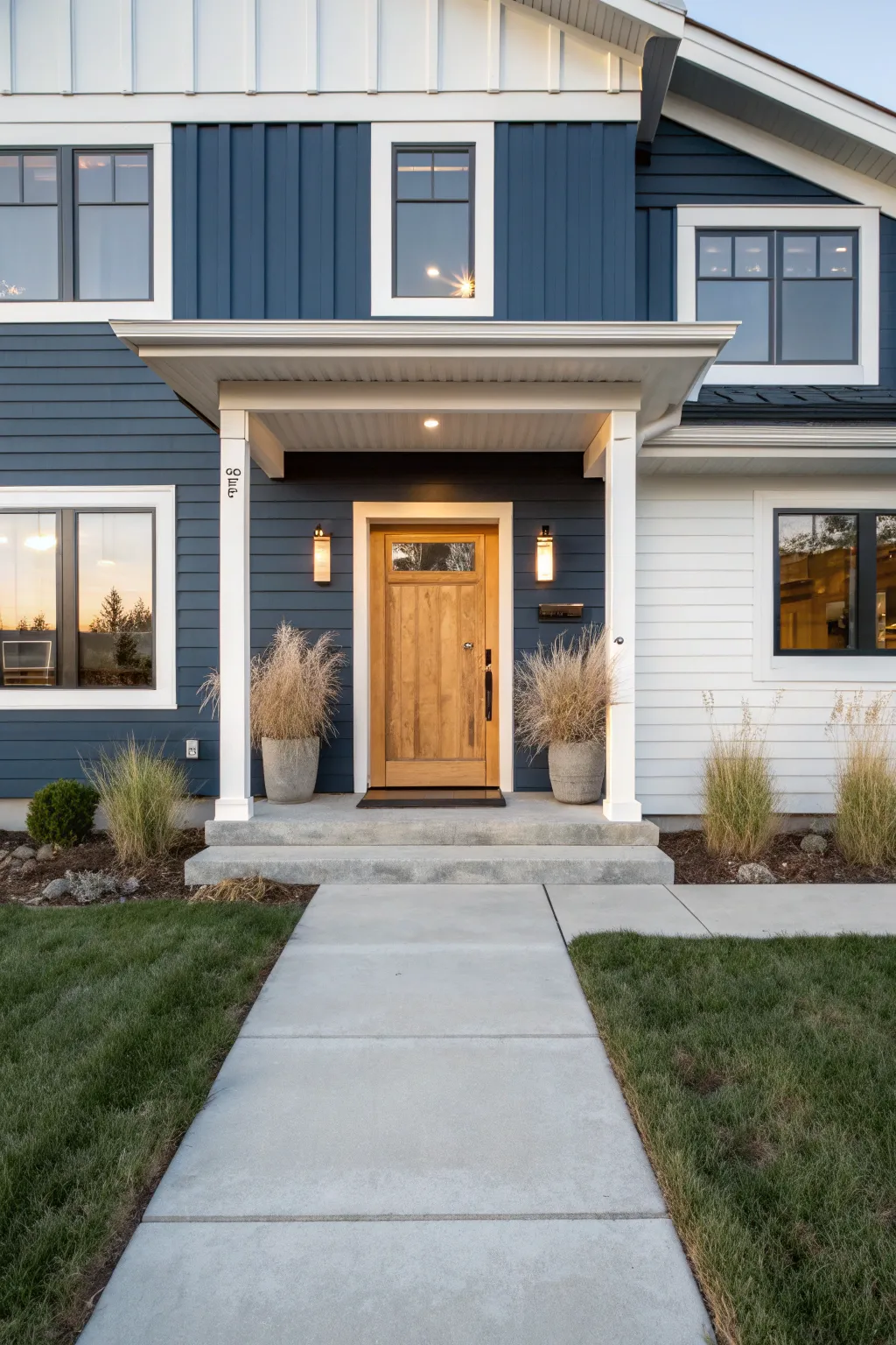 Navy siding with crisp white trim for a bold, timeless exterior that still feels calm and modern