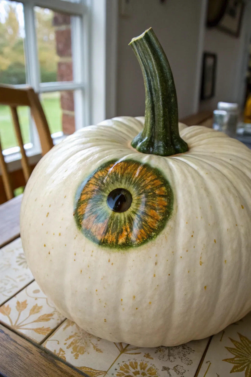 Hazel-green iris pumpkin with golden flecks, styled minimally with warm fall leaf contrast