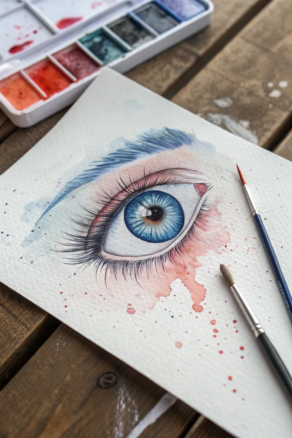 Soft watercolor eye wash with blooming iris gradients and bright highlights for a watery glow