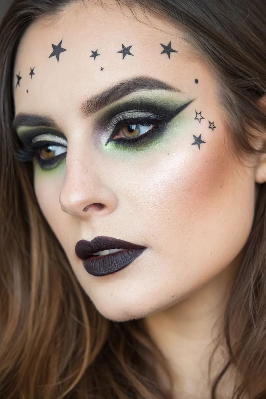 Witchy smoky eyes with green shimmer and tiny star details for an elegant Halloween spell.