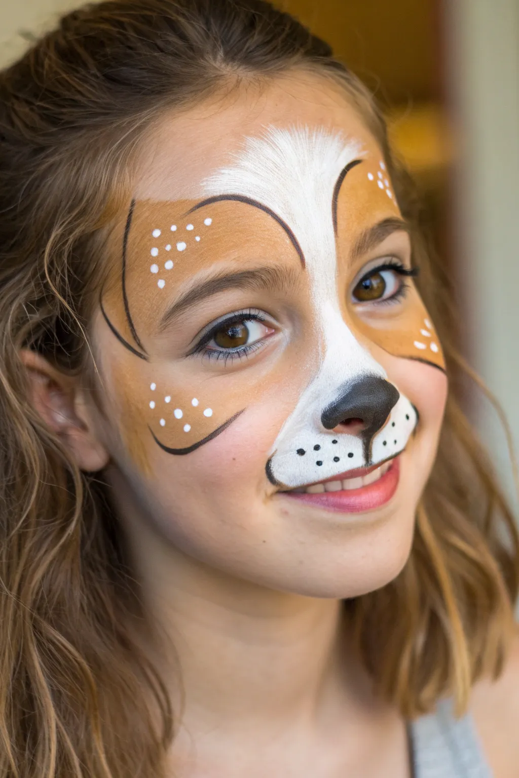 Happy puppy dog face paint close-up with floppy ears, shiny nose, and bright eye highlights