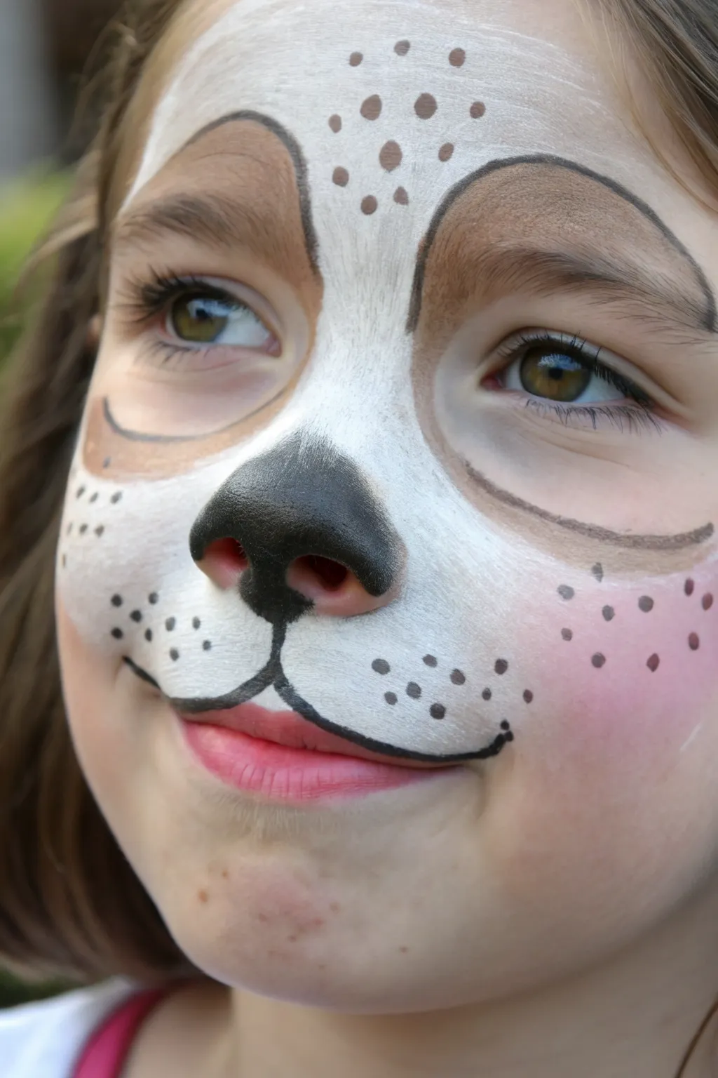 Sweet puppy snout face paint: simple dot muzzle, round nose, tiny tongue for instant charm
