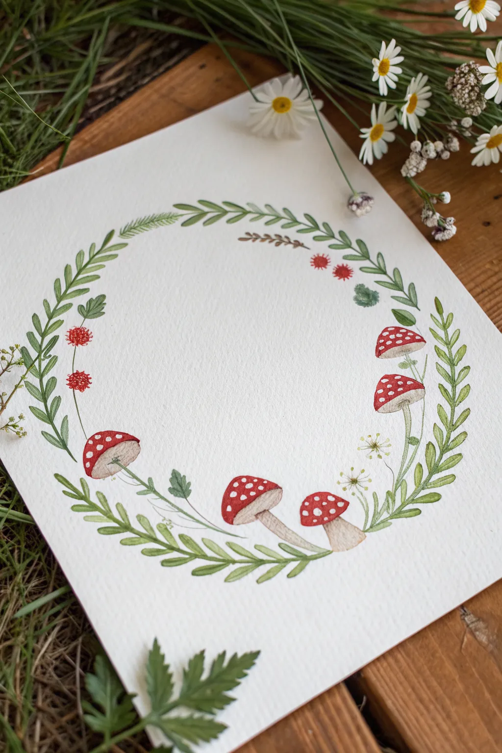 Paint a cozy fairy ring of mushrooms and daisies with a soft empty center for dancing.