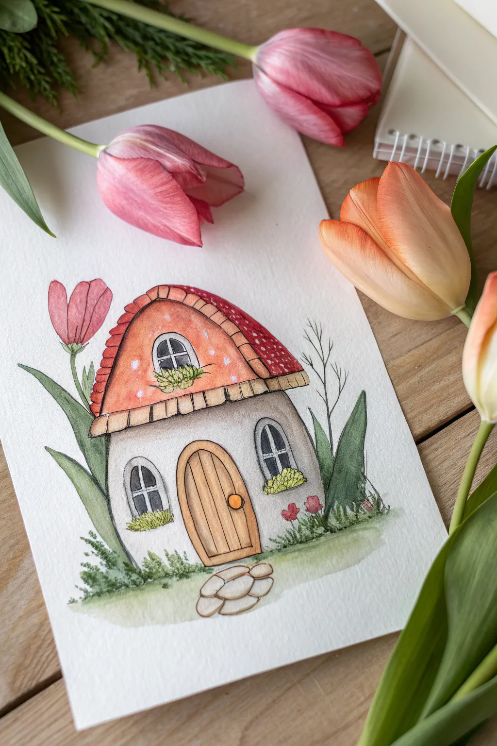 Flower-petal roof fairy hut drawing with bold color and minimalist boho charm, crisp and centered