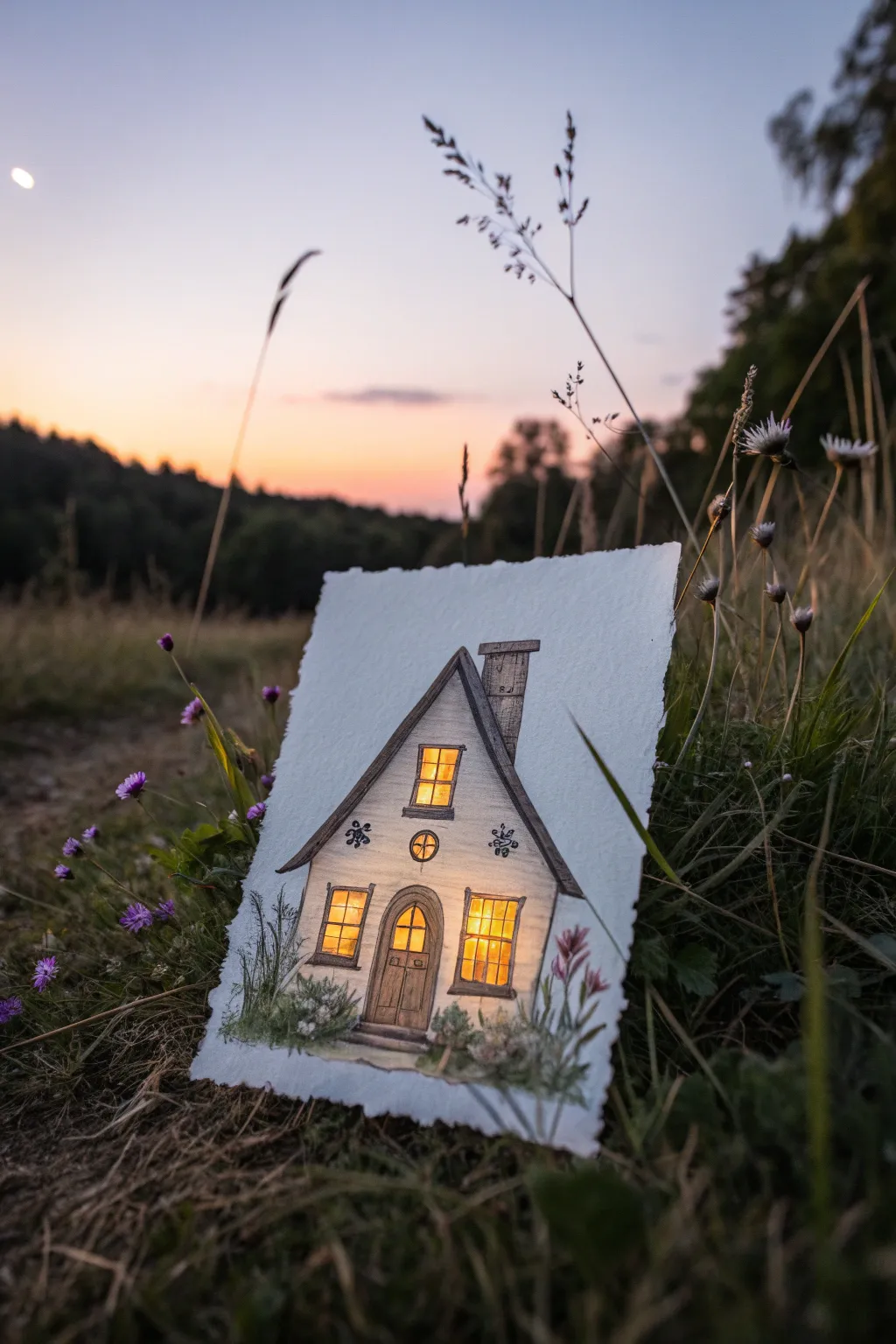 Glowing window fairy house painting idea: warm amber light against a lavender-to-indigo dusk.