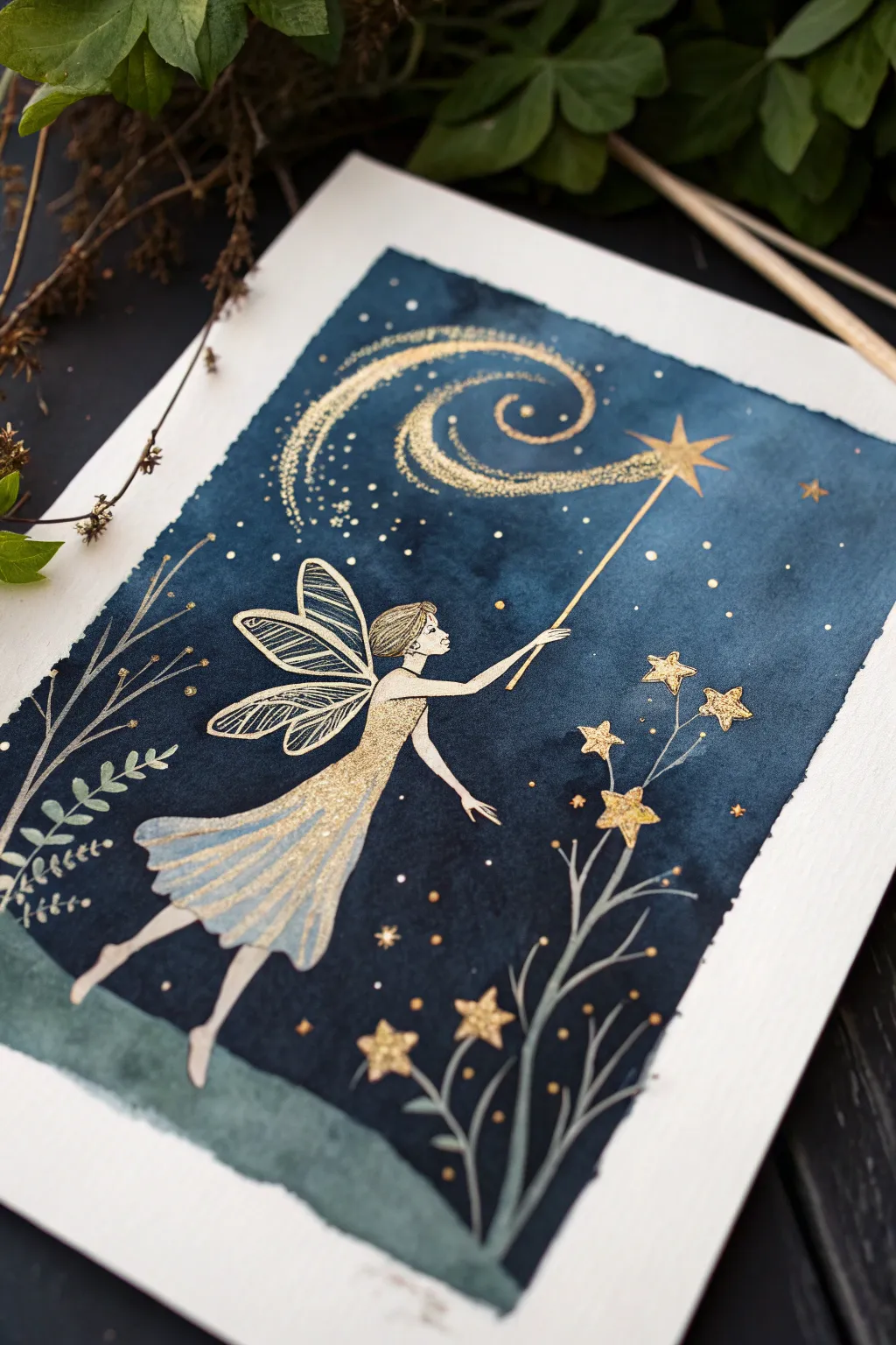 Paint a fairy wand with a glowing dust trail and tiny stars on a moody night-sky blend.