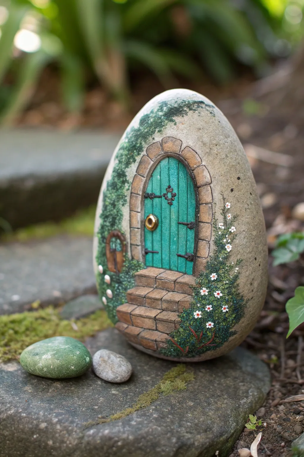 Woodland fairy door rock with tiny stone steps and vines, a charming minimalist craft idea