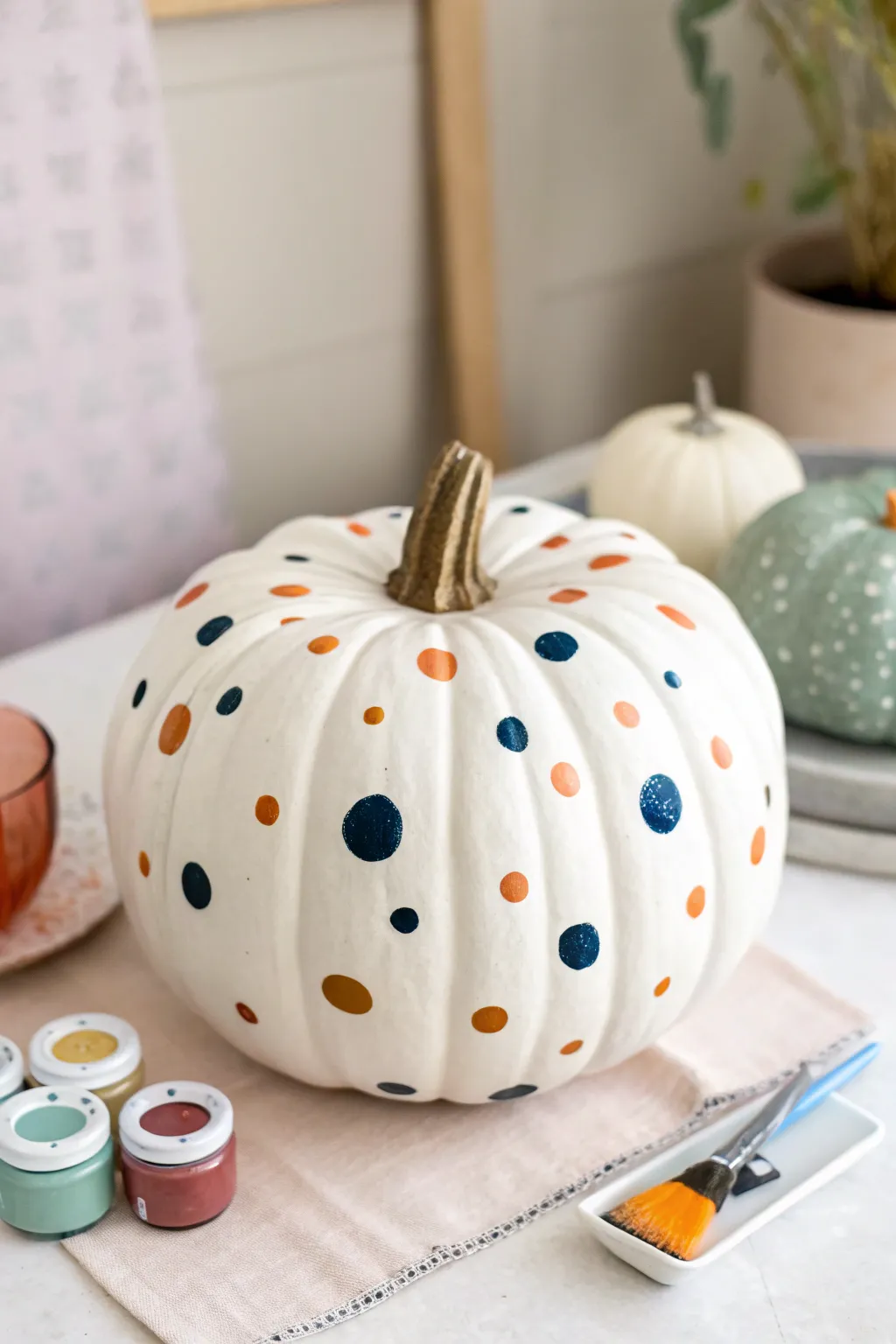 Polka dot confetti faux pumpkin idea with a crisp white base and bold boho color pops