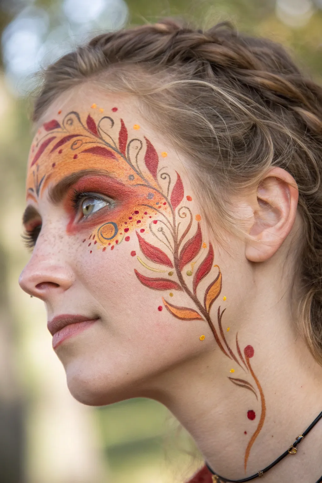 Falling leaves eye sweep in warm autumn gradients with a touch of gold shimmer, minimal yet bold.