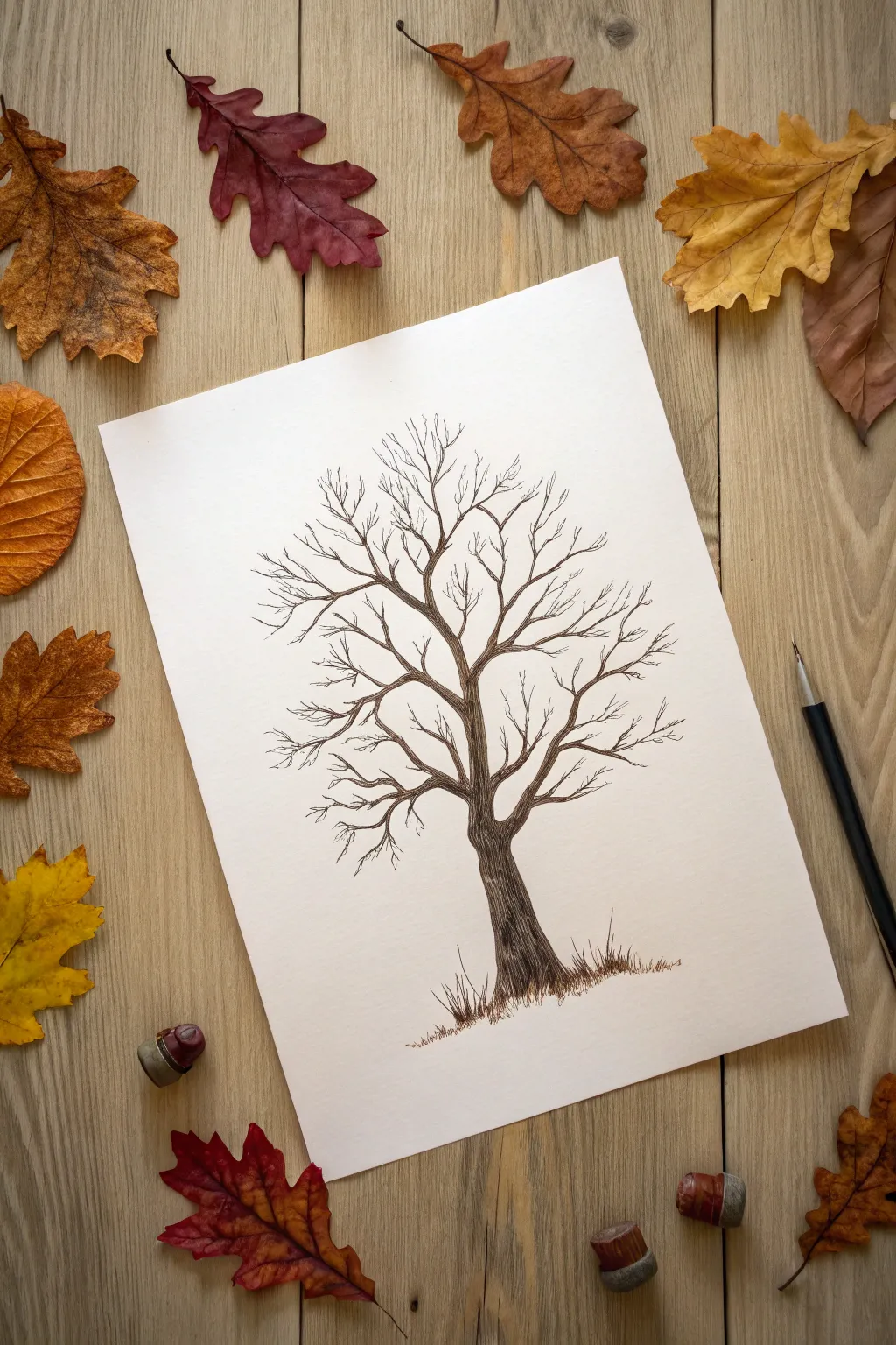 Bare branch tree art with bold fingerprint leaves, perfect for easy fall finger painting