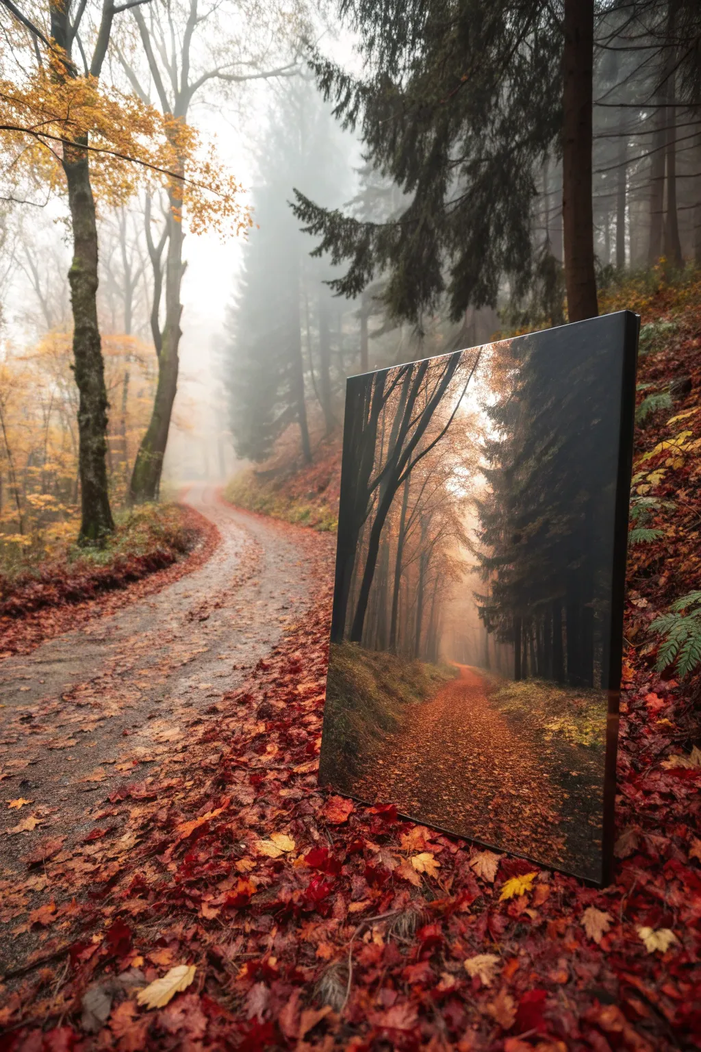 Paint a misty fall forest path with a glowing leaf carpet in bold reds and golds
