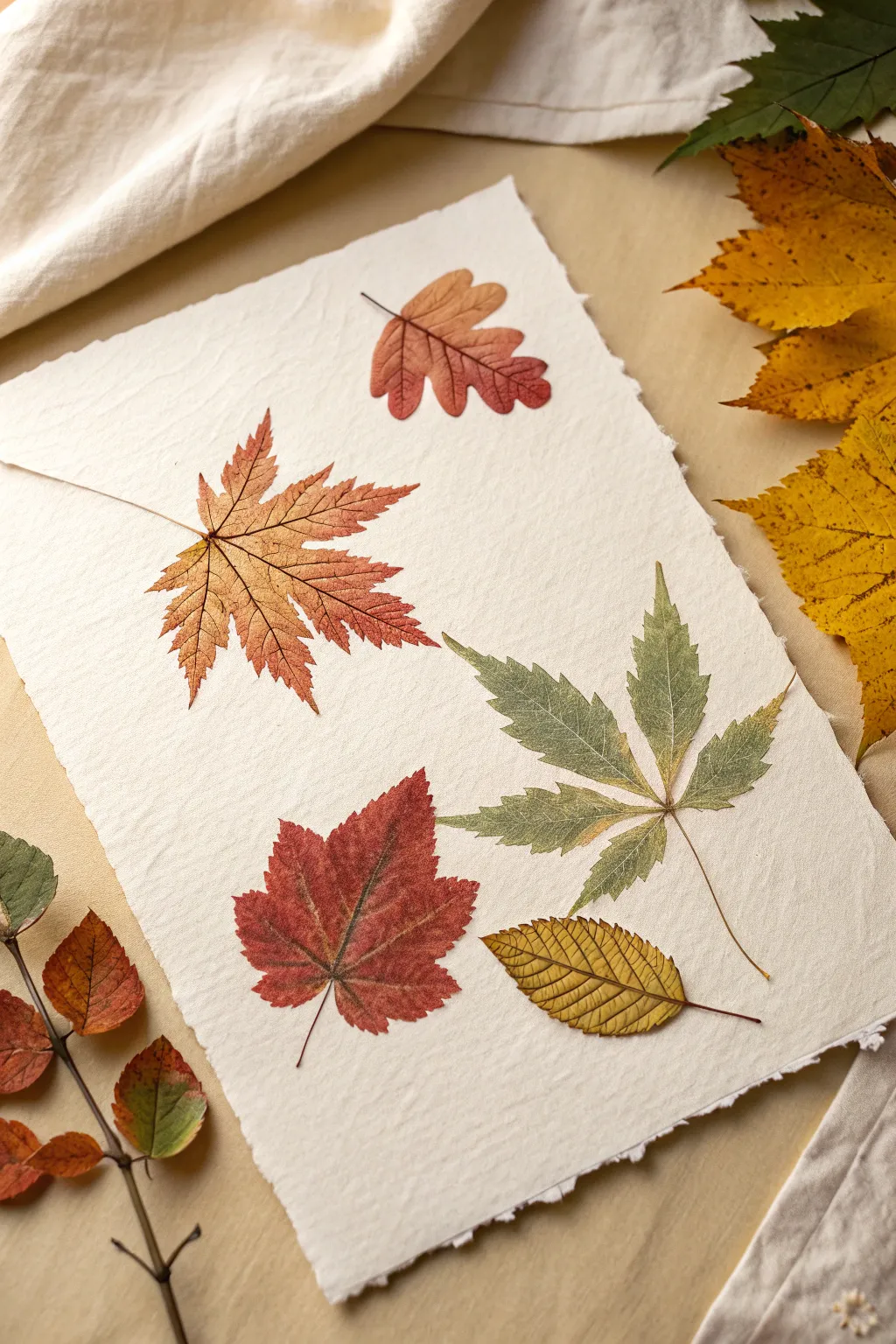 Easy fall leaf print painting: bold autumn stamps with crisp veins on clean cotton paper.