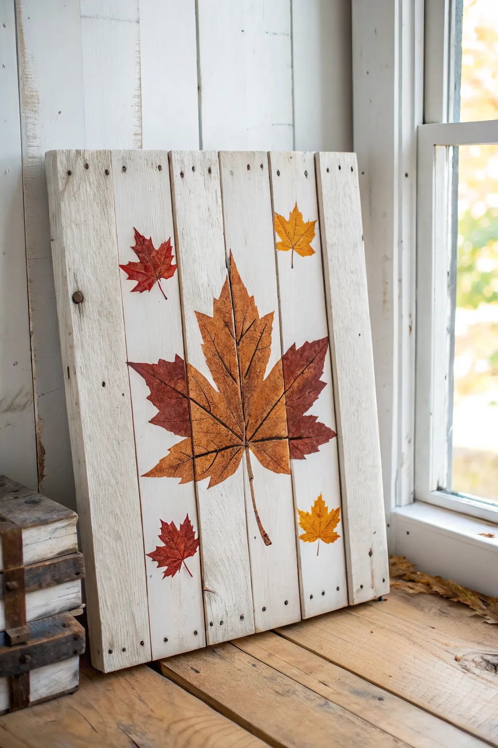 Distressed whitewashed pallet with a simple fall leaf spray in rusty reds and golds