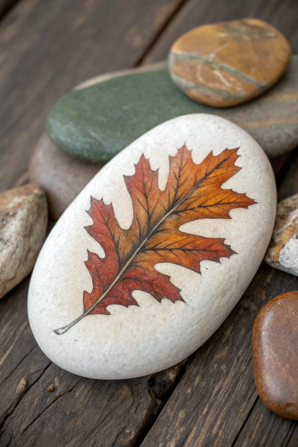 Warm fall leaf study rock painting with oak and birch shapes, minimalist boho styling