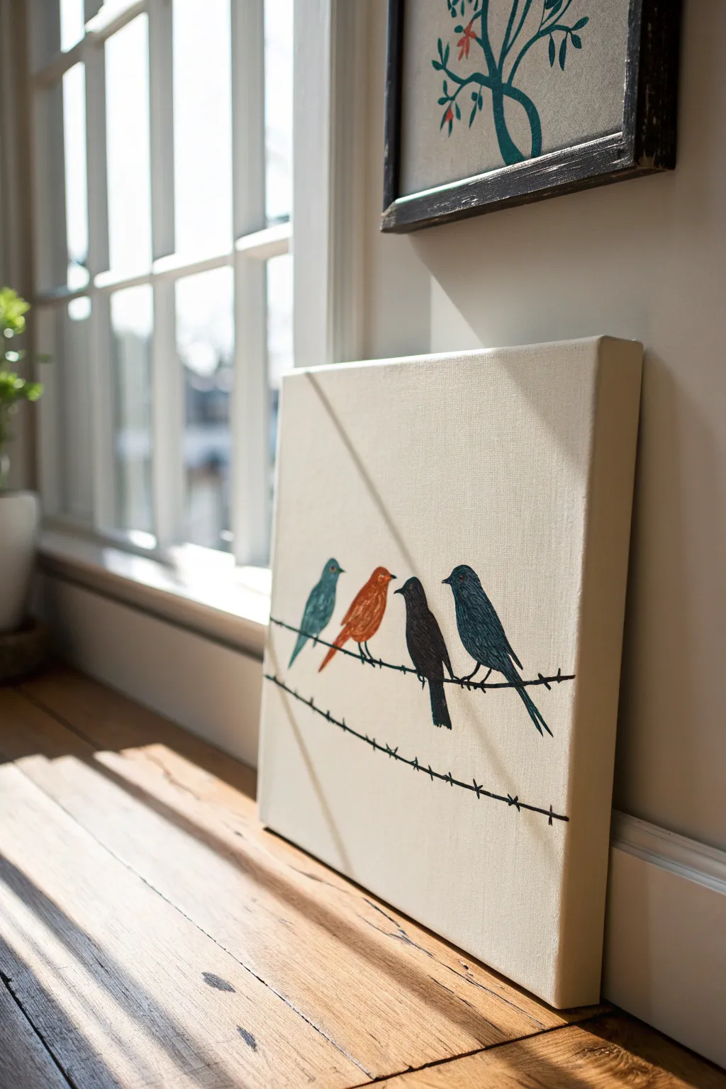 Minimal birds-on-a-wire canvas idea: a symbolic family portrait with bold Scandinavian tones