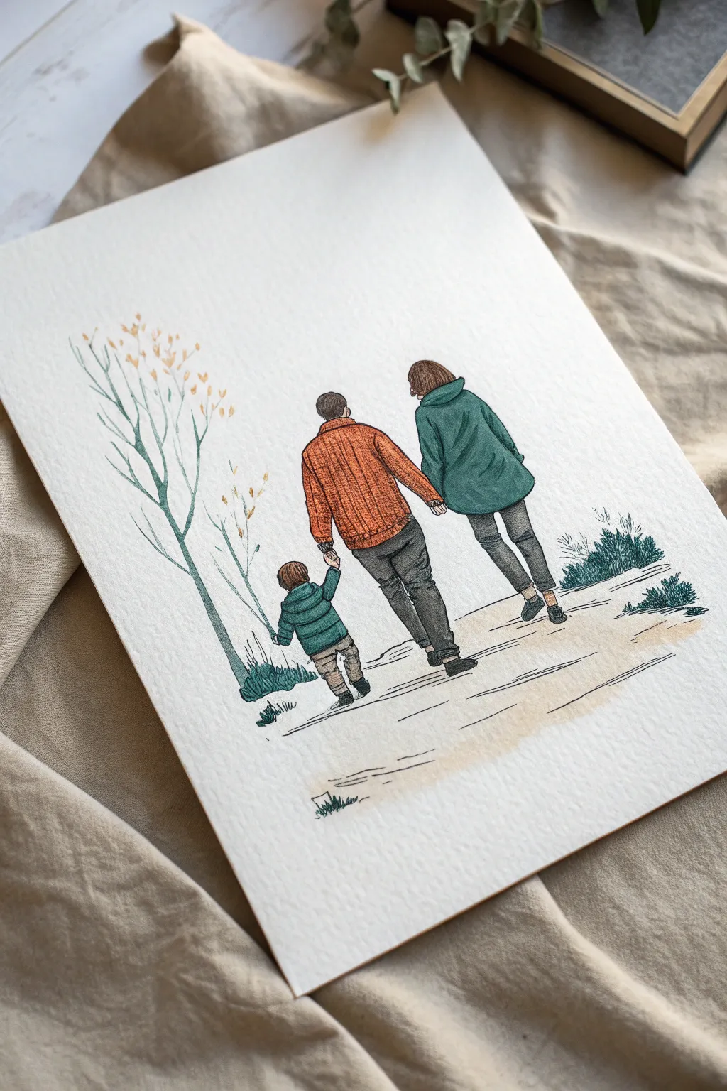 Minimal boho family walk drawing: curved path, linked hands, and a tiny toddler stride