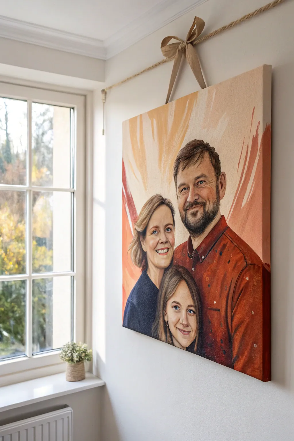 Bold acrylic family portrait on canvas with warm brushstrokes, styled minimal for gift-ready charm.
