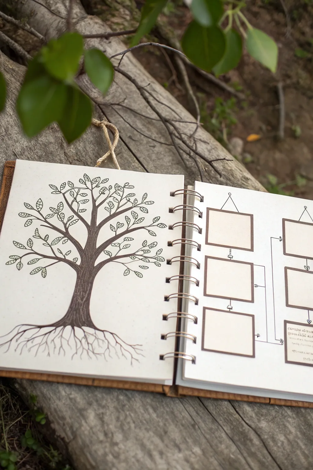 Branch-and-frame portrait tree: minimalist family tree drawing with dangling frames and bold accents