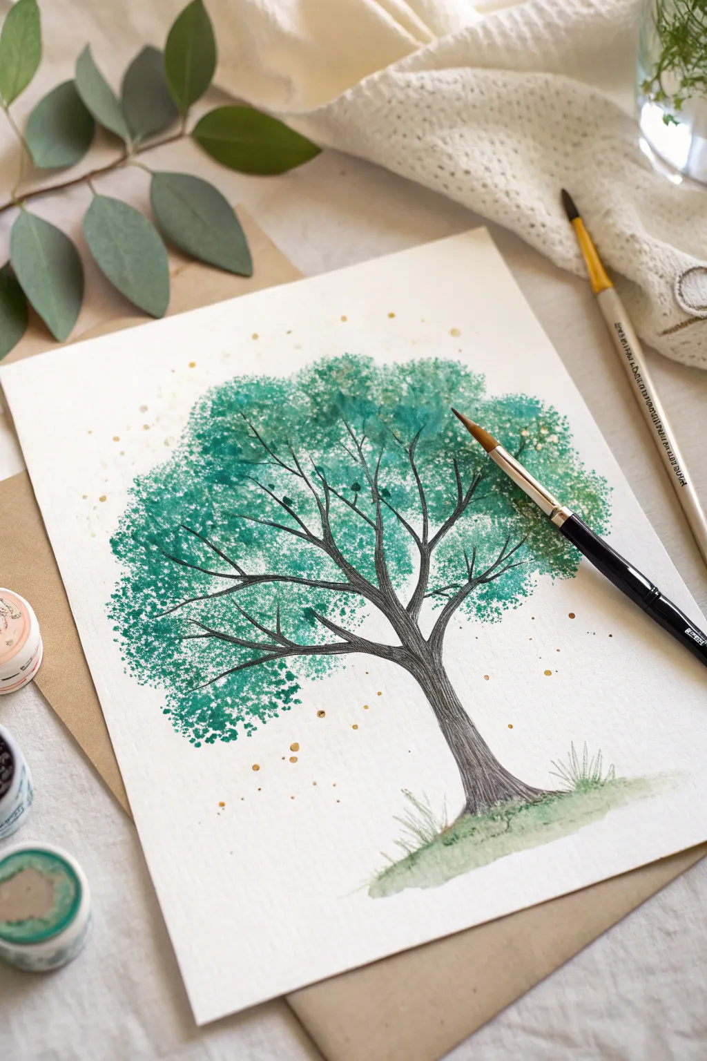 Leafy canopies with a fan brush, easy stippling for textured treetops in bold greens