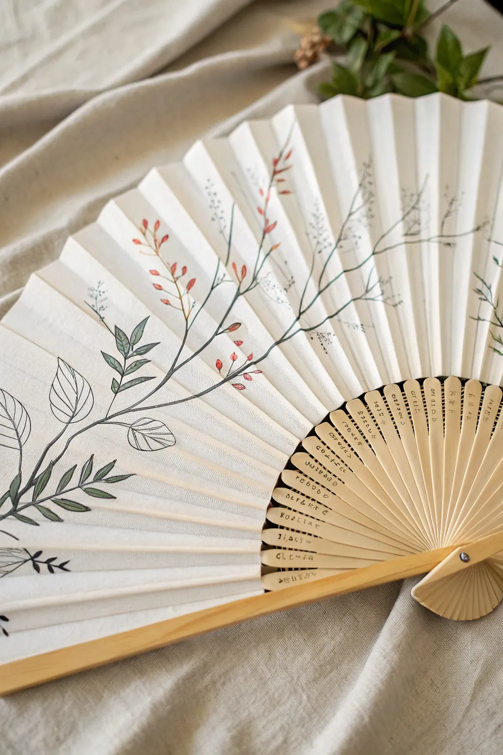 Minimal ink botanicals on a white hand fan, finished with tiny muted color pops and clean contrast
