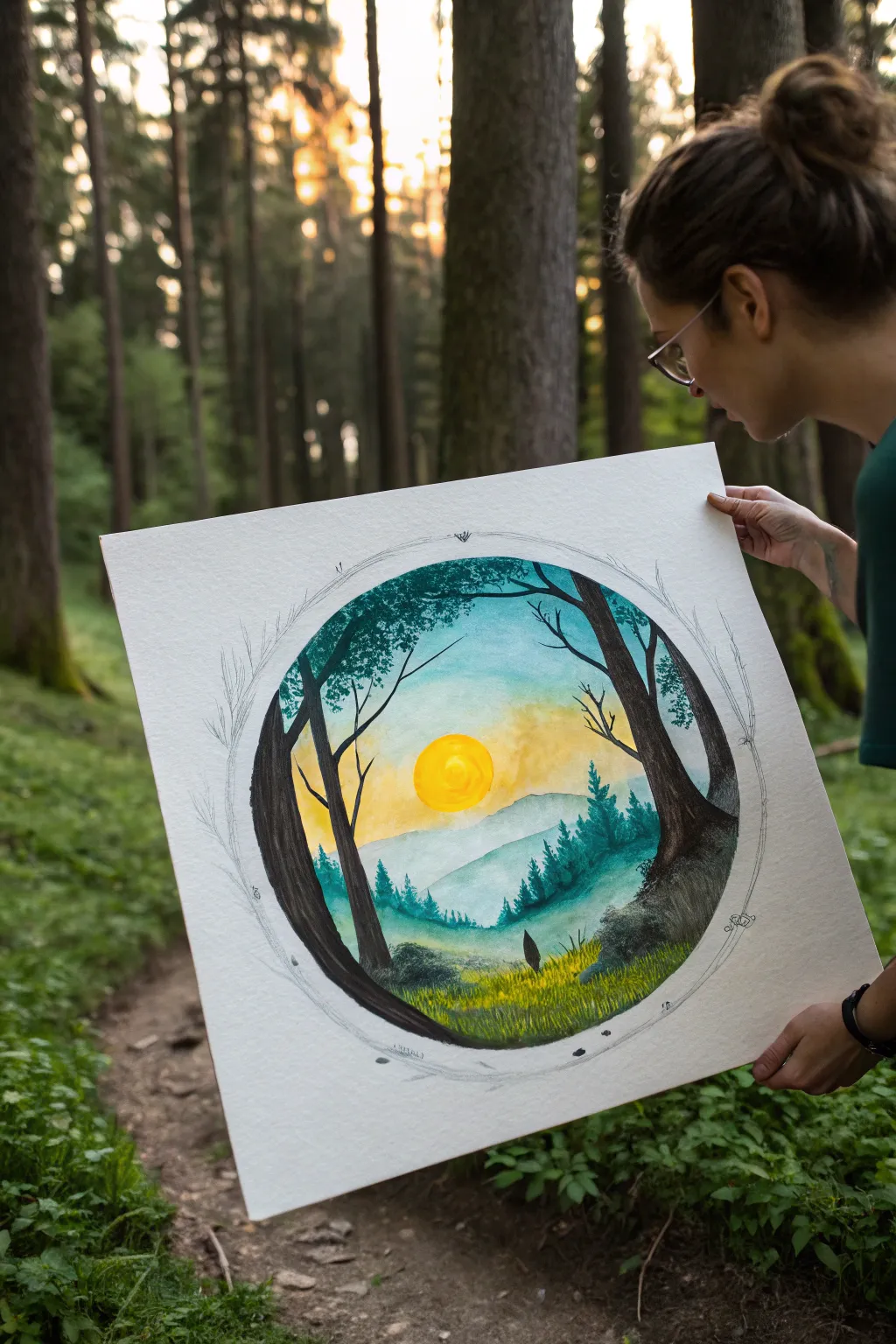 Easy fantasy painting idea: a round forest portal glowing with sunshine against moody trees