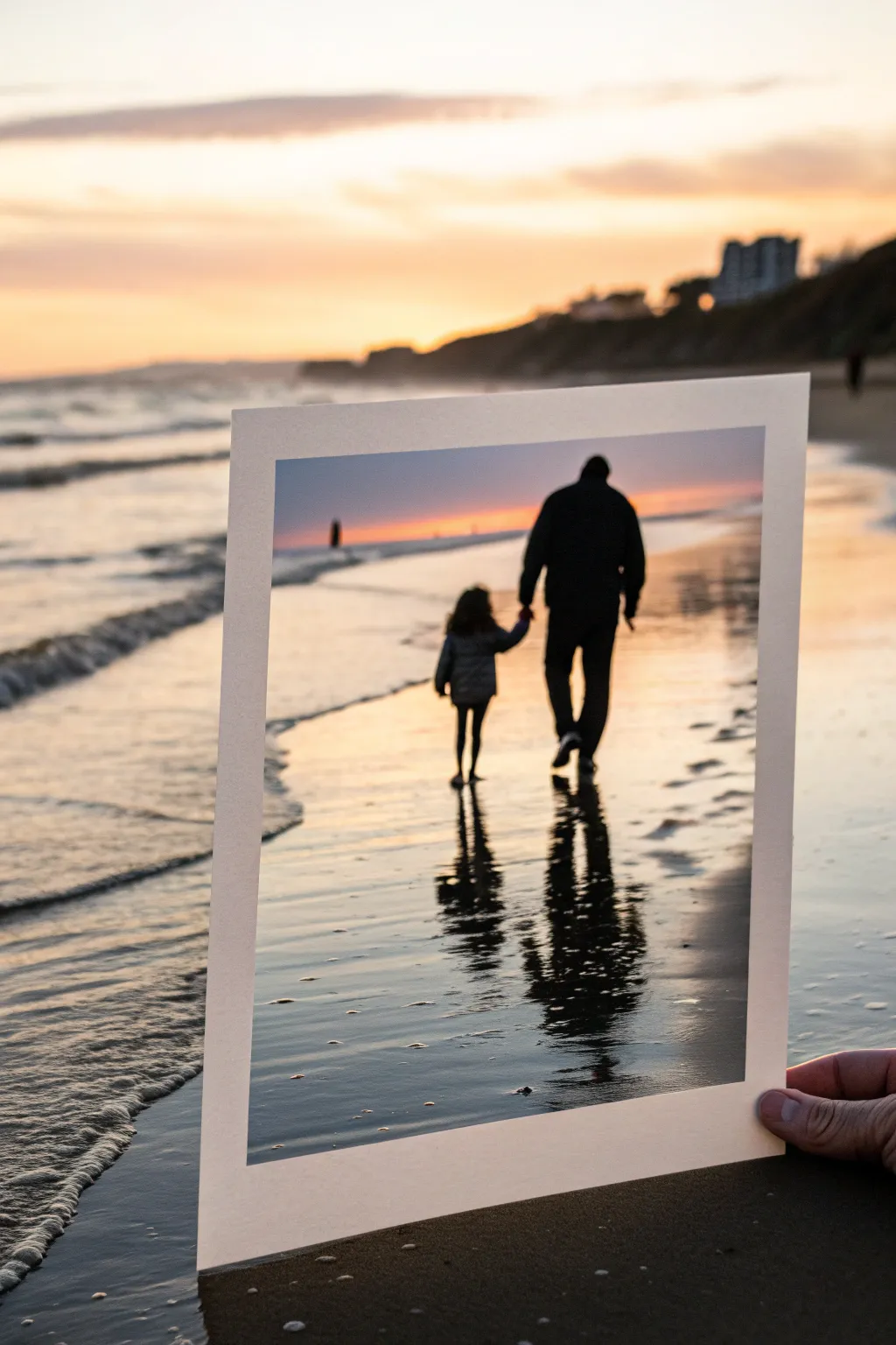 Paint a calm dusk stroll with bold sunset washes and simple father-daughter silhouettes.