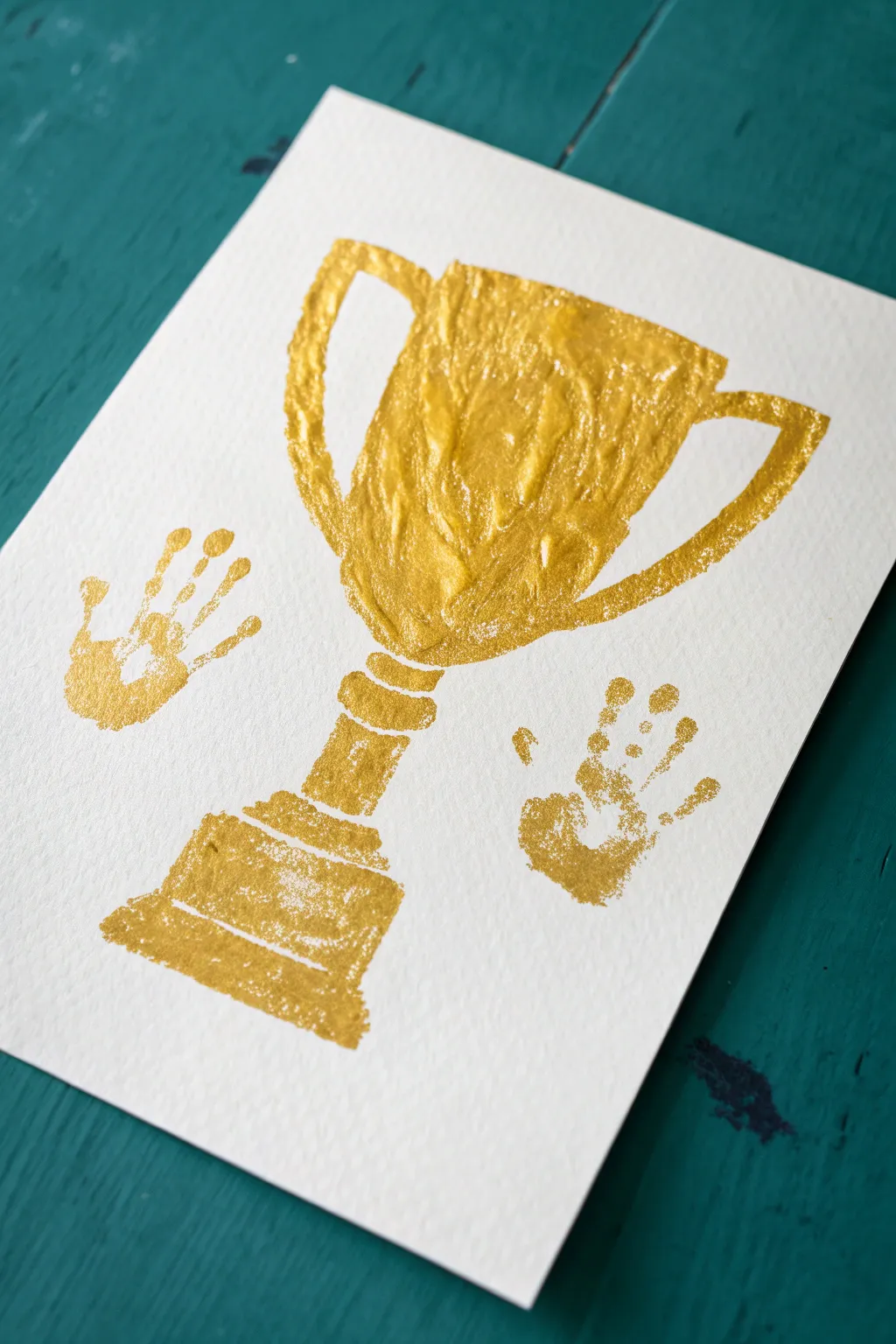 Handprint trophy craft in sunny gold paint, a sweet minimalist Fathers Day keepsake.