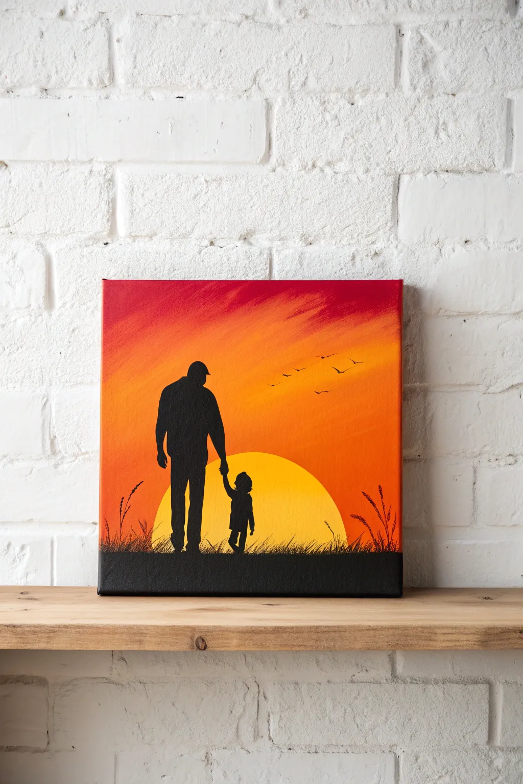 Capture the bond with this warm golden hour silhouette painting idea for Dad.