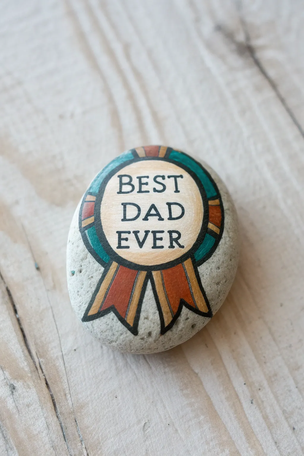 Fathers Day rock painting idea: Best Dad Ever award badge medallion in bold minimalist boho style