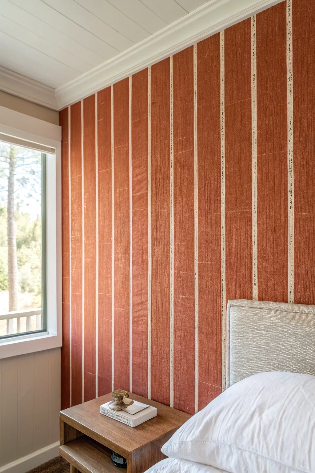 Faux-linen strié wall: vertical dragged brushwork for a calm, handcrafted bedroom accent.