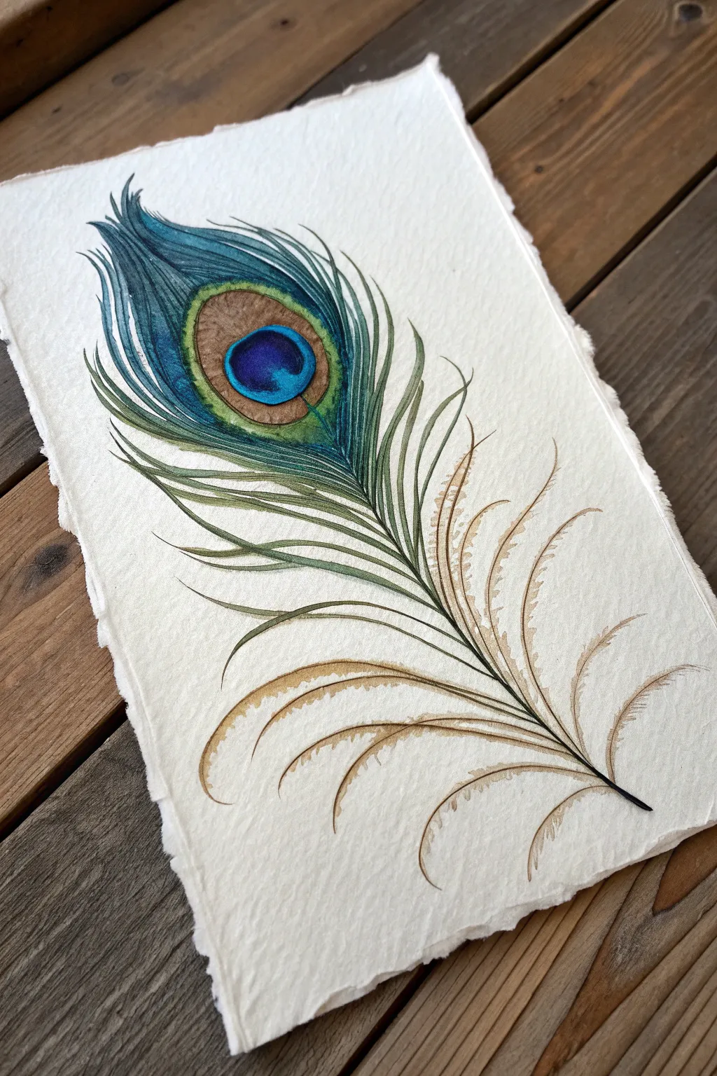Peacock eye feather painting idea with bold rings and shimmering strokes on clean minimalist paper.