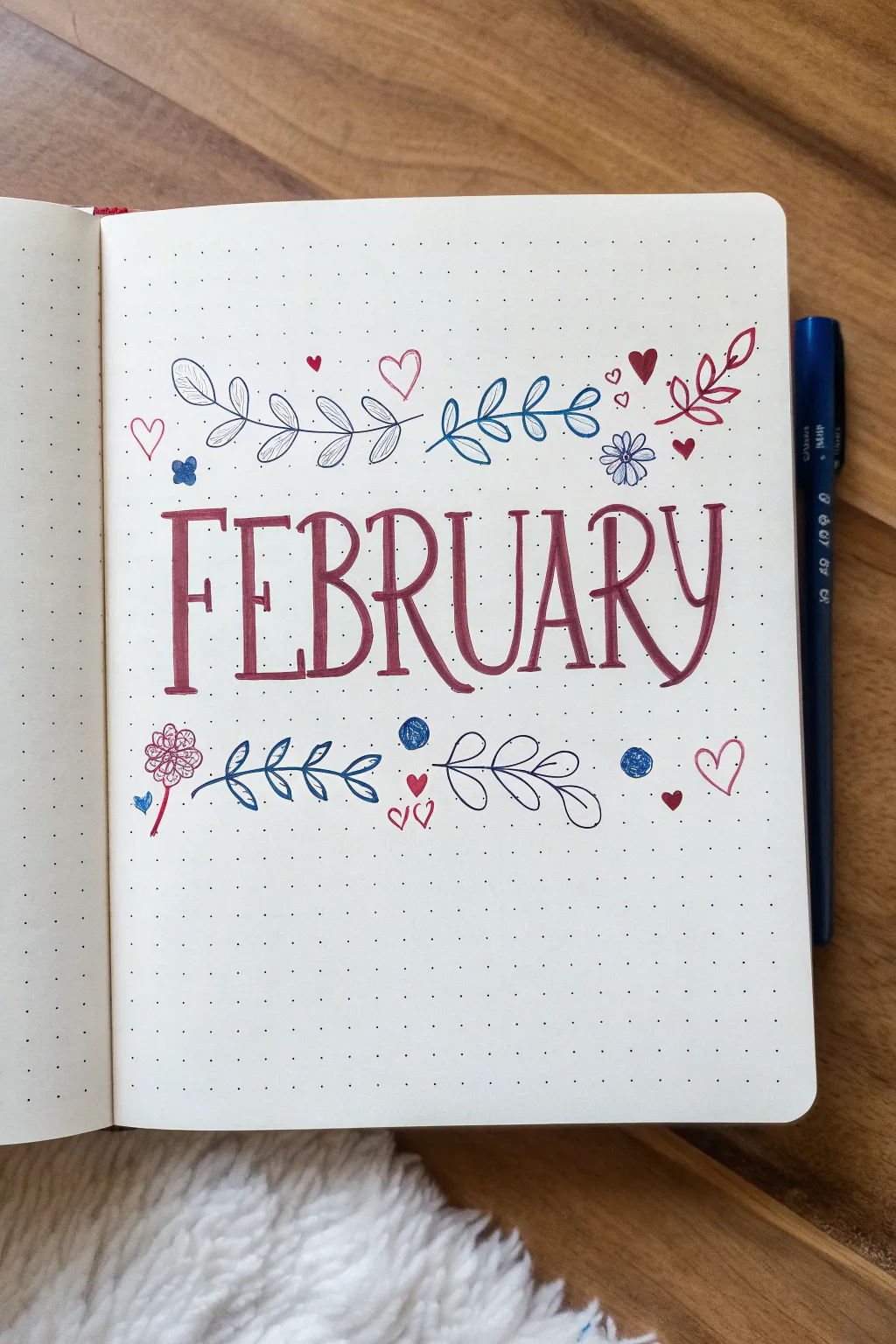 Minimal February bullet journal cover lettering with hearts, florals, and snowy dotted accents.