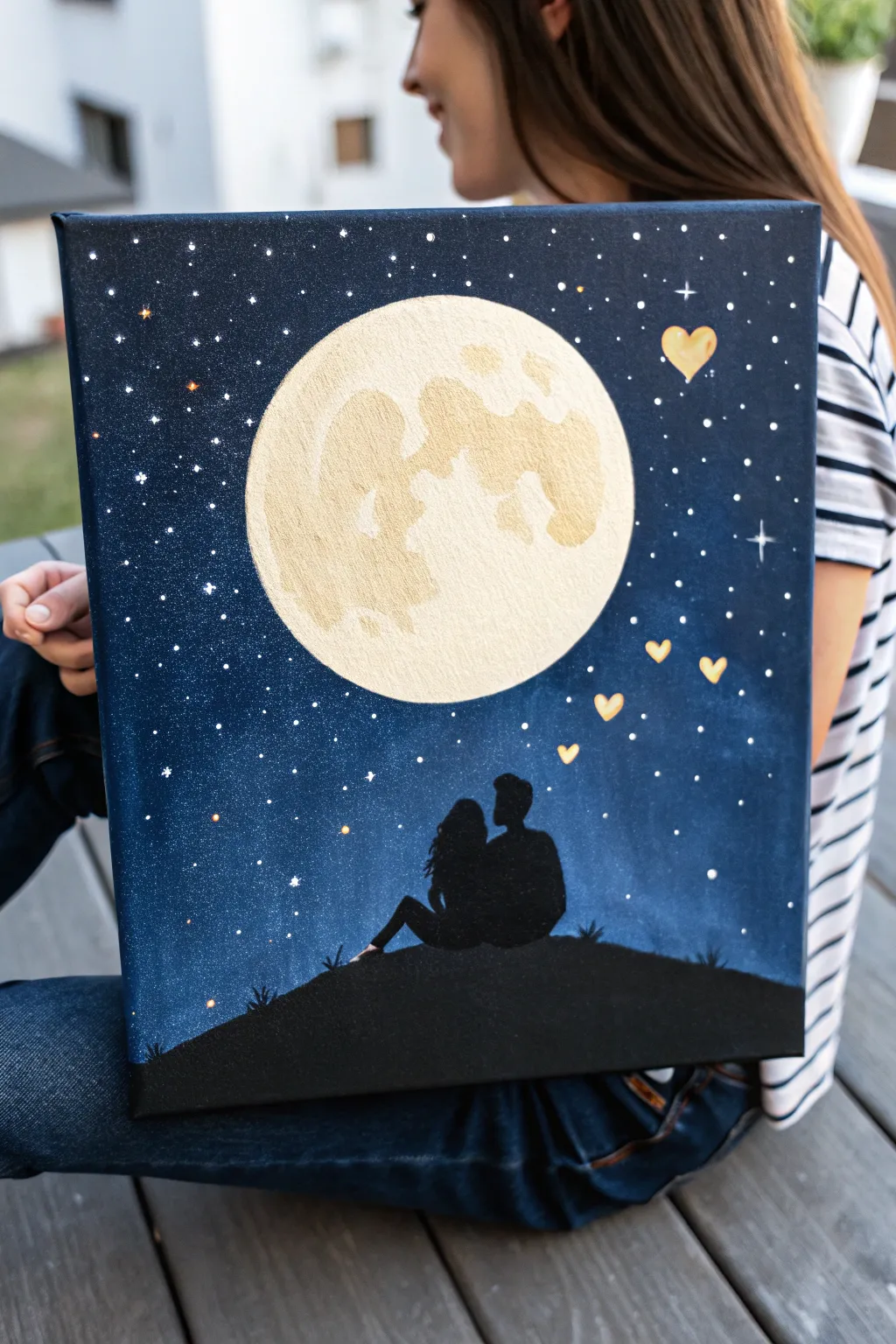 Moonlit couple silhouette painting idea in bold midnight blues for cozy February creativity