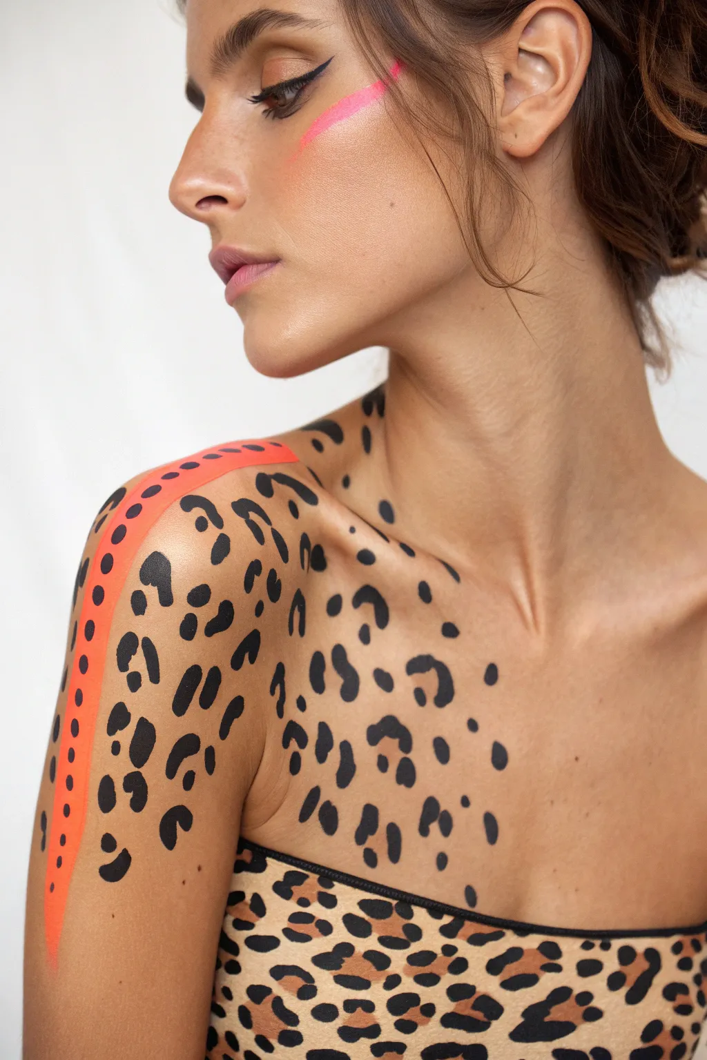 Glam leopard body paint with a neon pop, minimalist styling for bold feminine Pinterest vibes