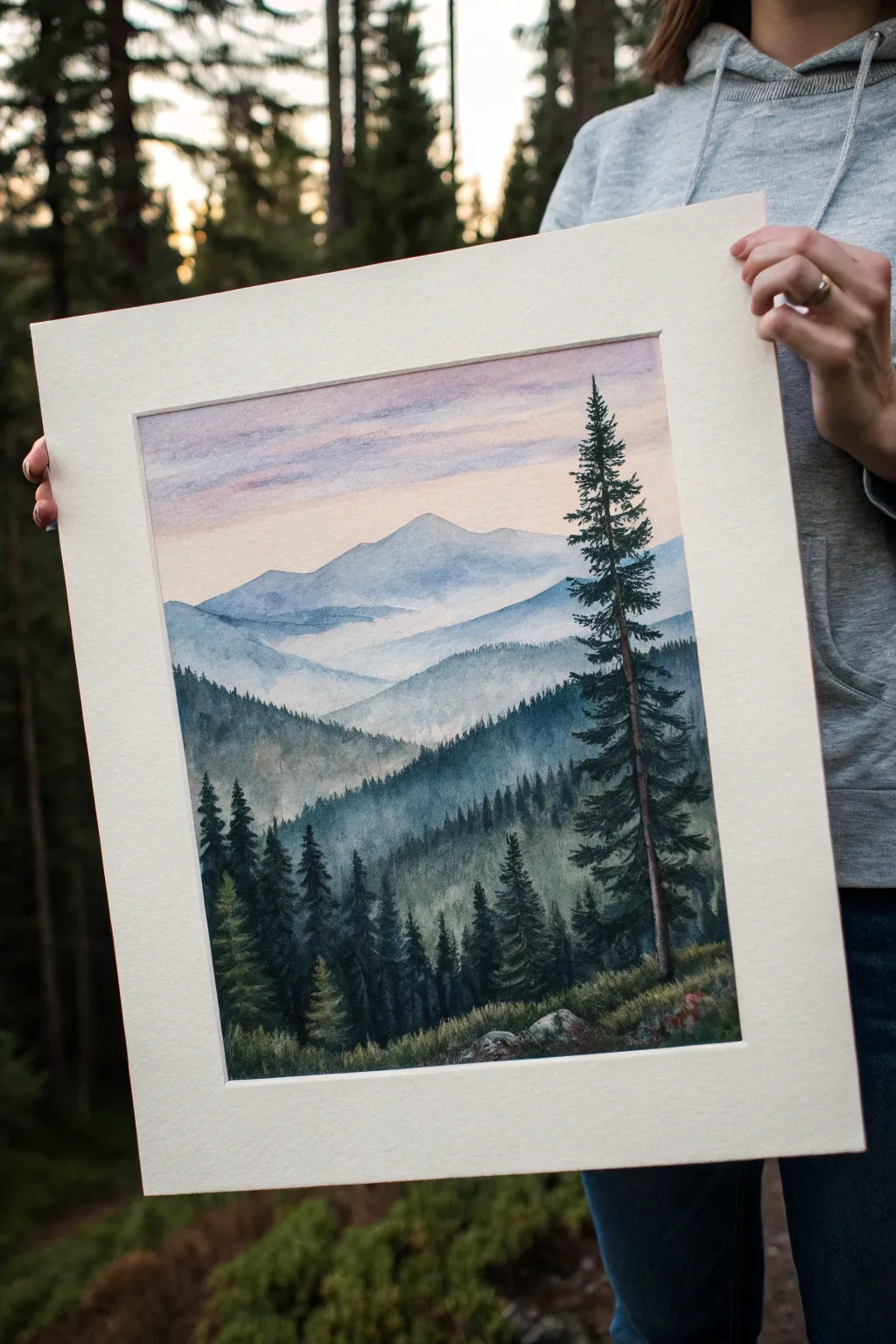 Atmospheric landscape layers: dark trees, softened hills, misty mountains for airy depth.