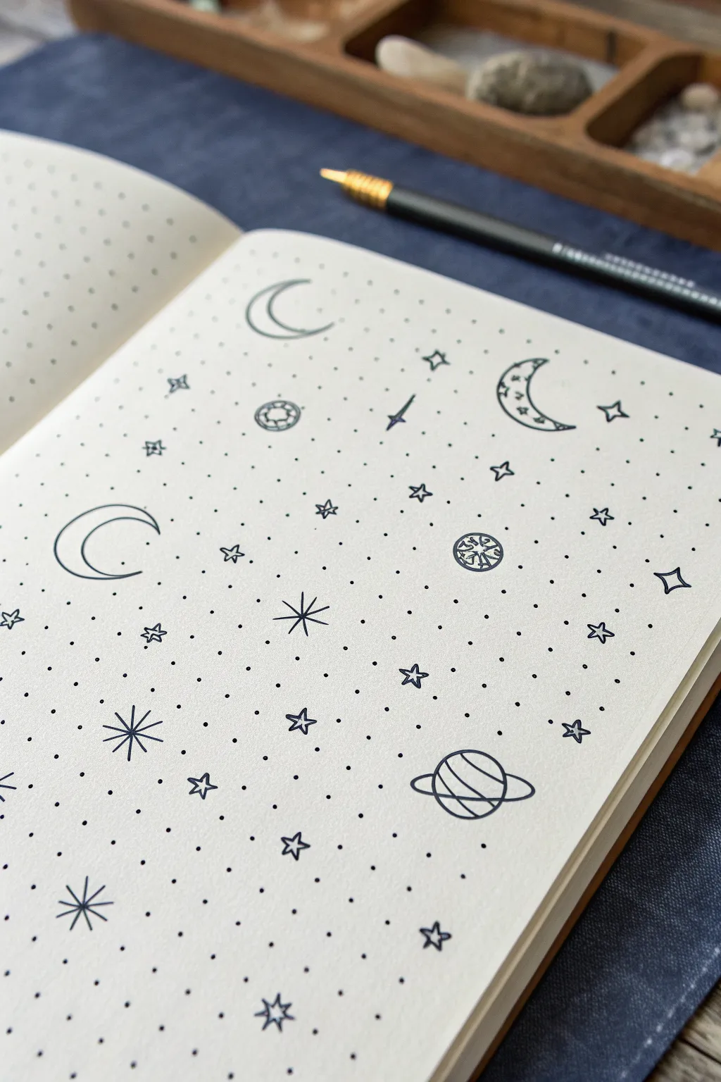 Tiny celestial fine line symbol set arranged like a clean minimalist flash sheet