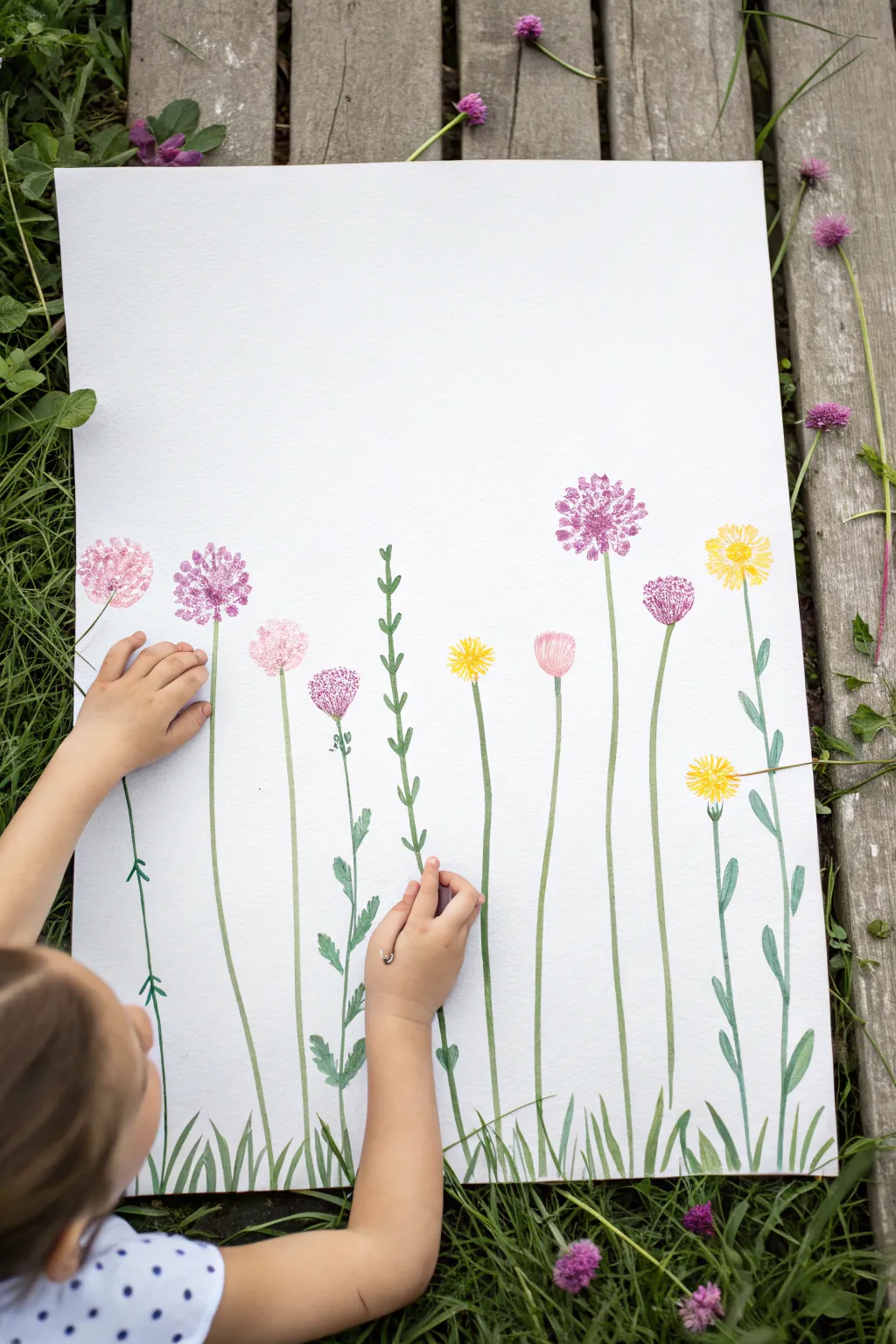 Fingerprint flower garden patch in bright boho hues, a sweet finger-painting idea for kids