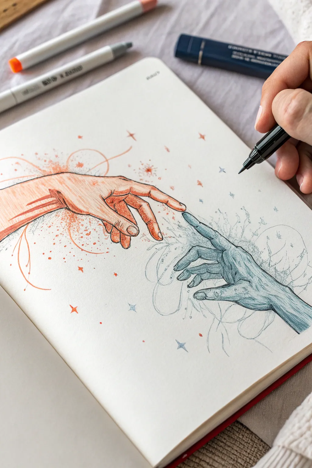 Flame and frost fingertips: a clean sketchbook drawing idea with bold warm-cool contrast