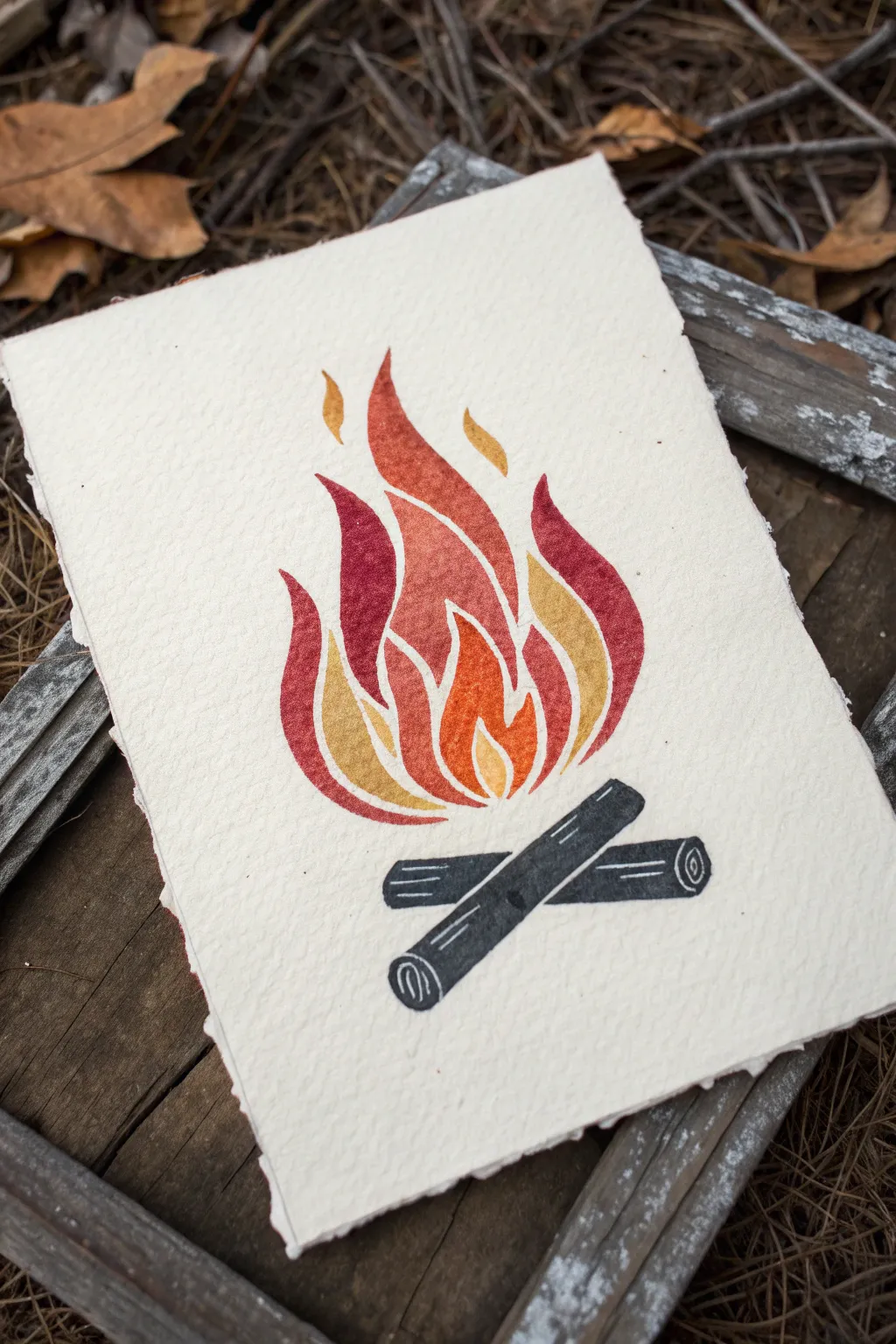 Classic campfire drawing idea with crossed logs, bold layered flames, and glowing embers