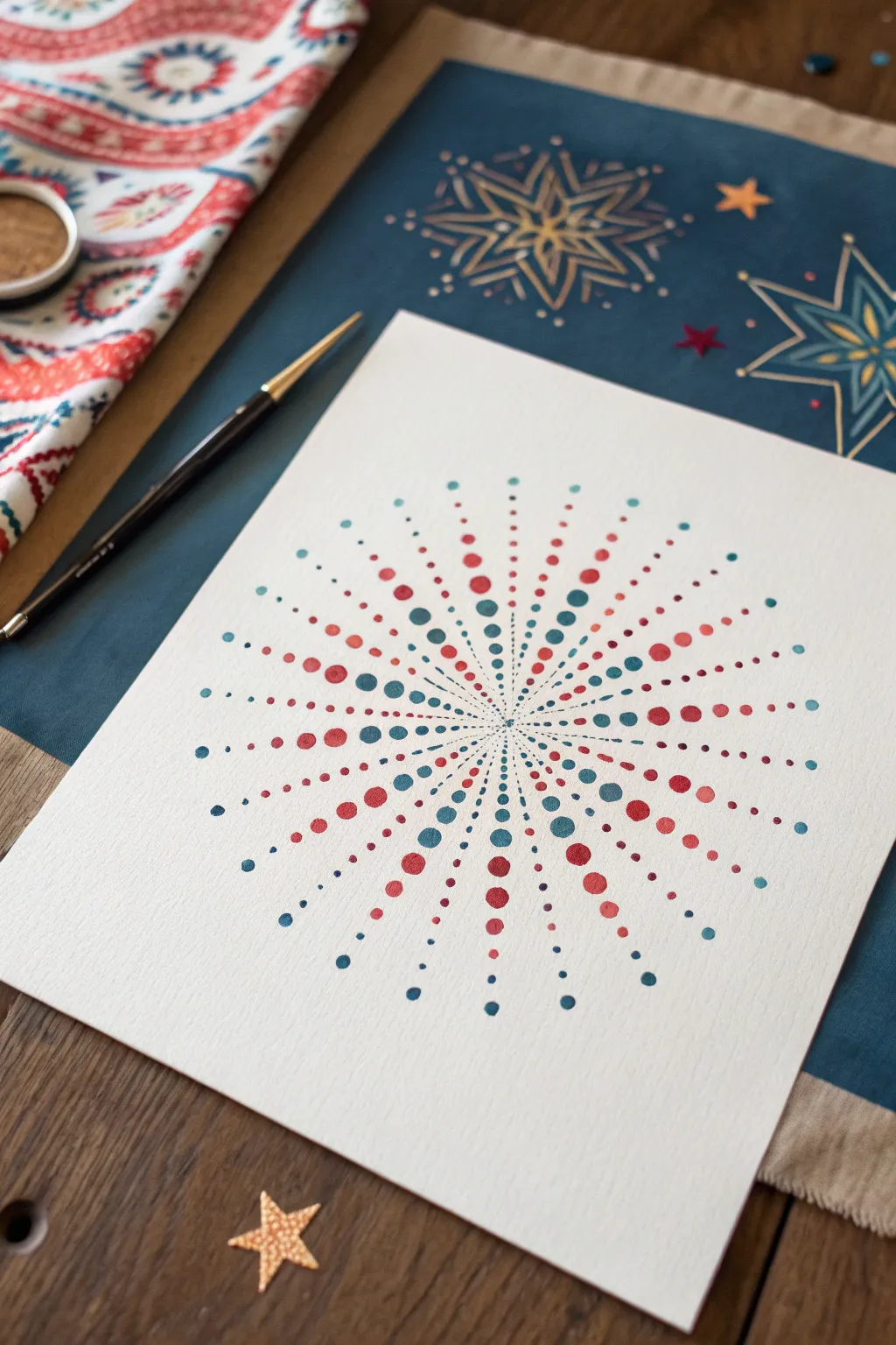 Q-tip firework sparks: bold dotted bursts fading into glowing ember trails on deep indigo