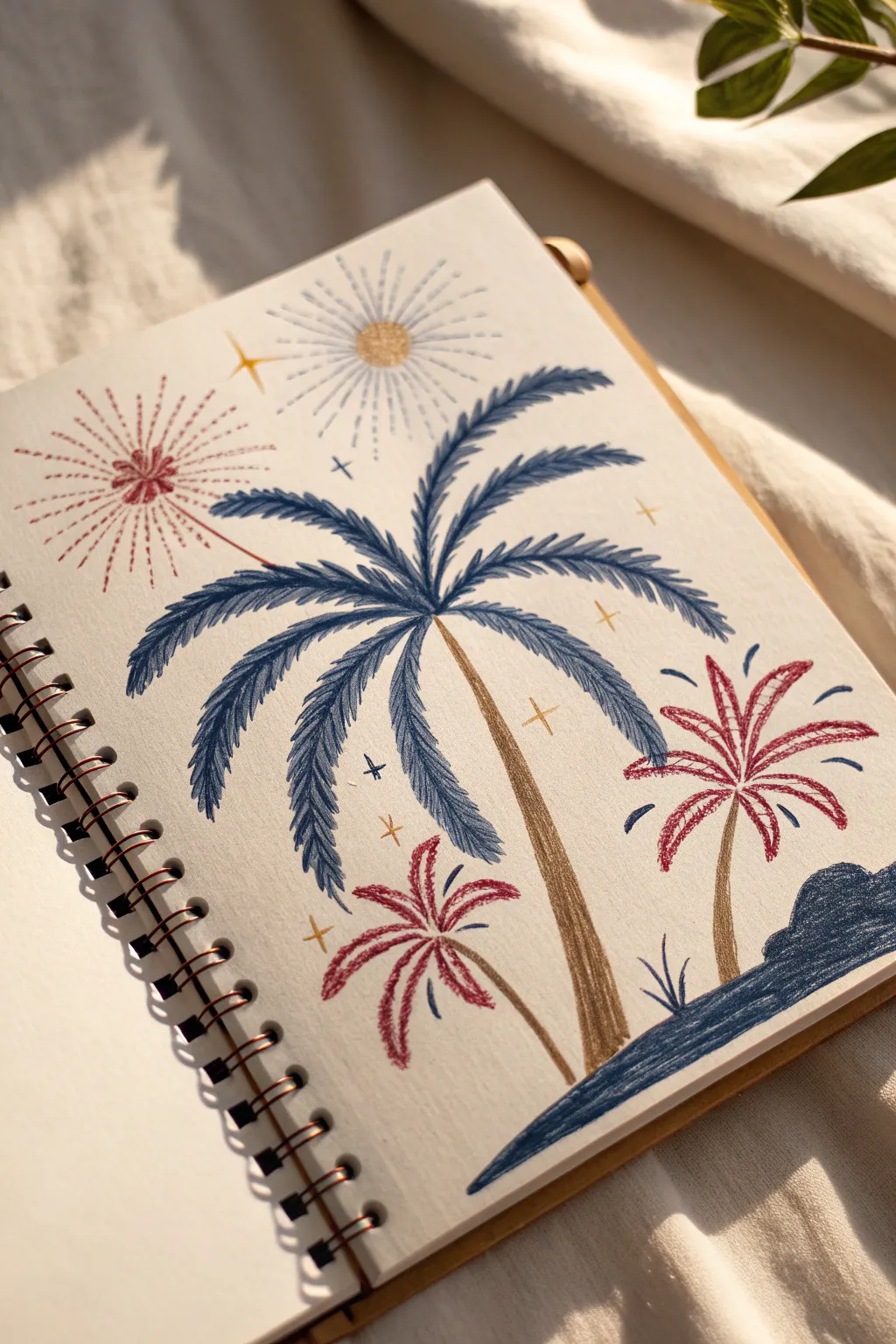 Palm burst fireworks drawing with curved fronds, bright tips, and bold minimalist contrast.