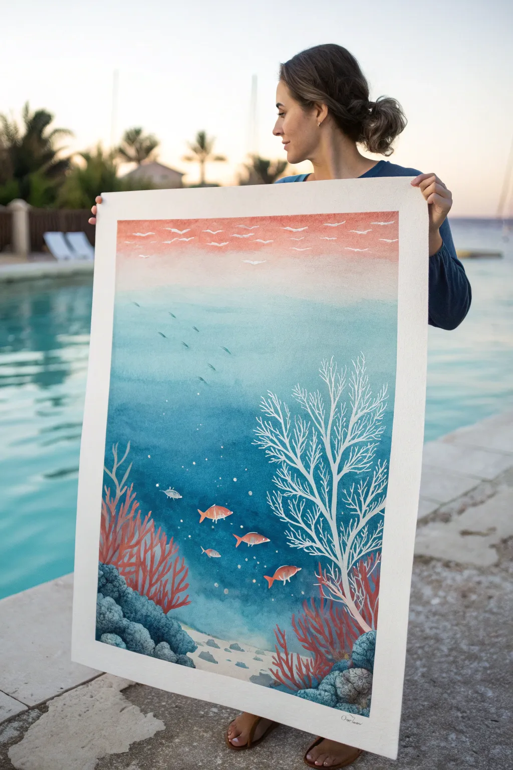 Underwater blue gradient fish painting with rising bubbles for calm, modern coastal vibes