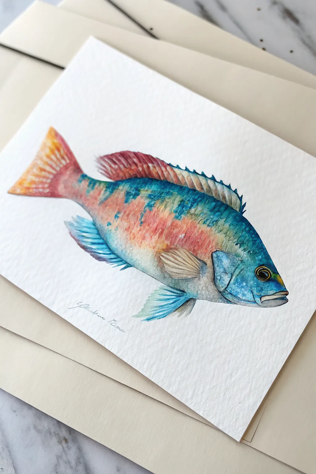 Underwater side-profile fish study in layered blues with delicate fins and trailing bubbles