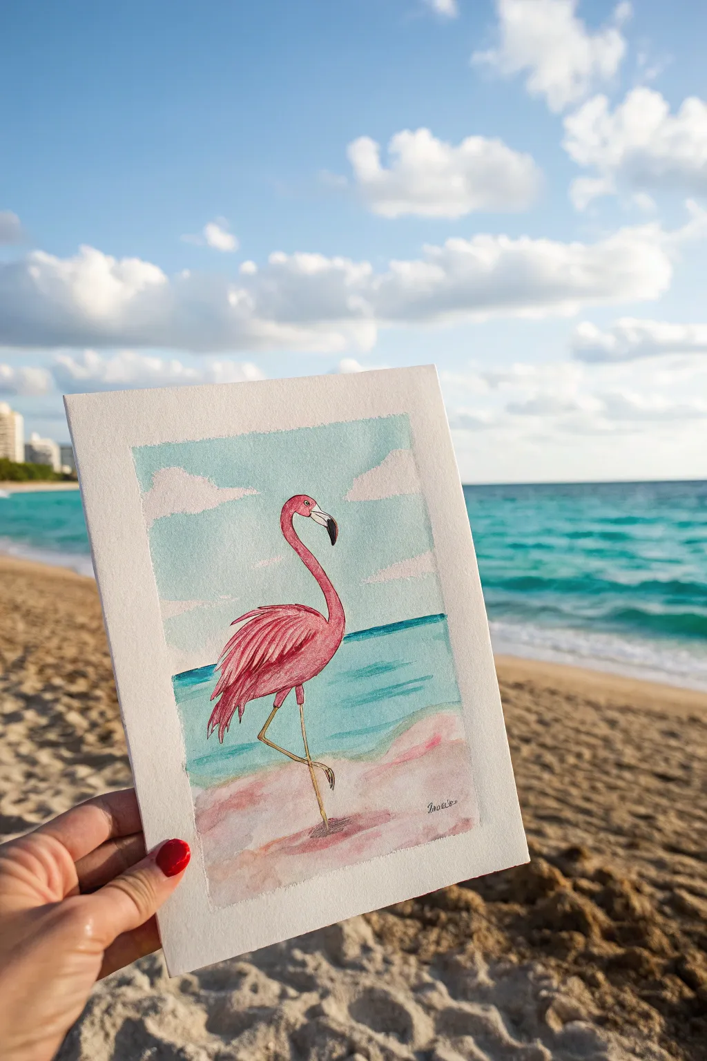 Tropical beach flamingo painting idea with bold pink, warm sand, and cool turquoise water