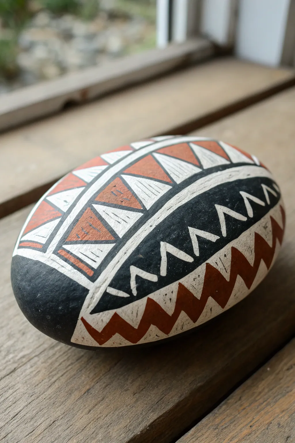 Minimalist flat rock painting with crisp geometric patterns and a bold terracotta accent